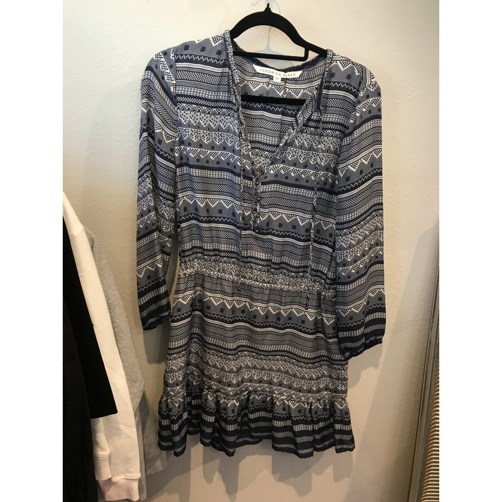 Veronica Beard Navy White Geometric Print 100% Silk Ruffle Mini Dress Size 4